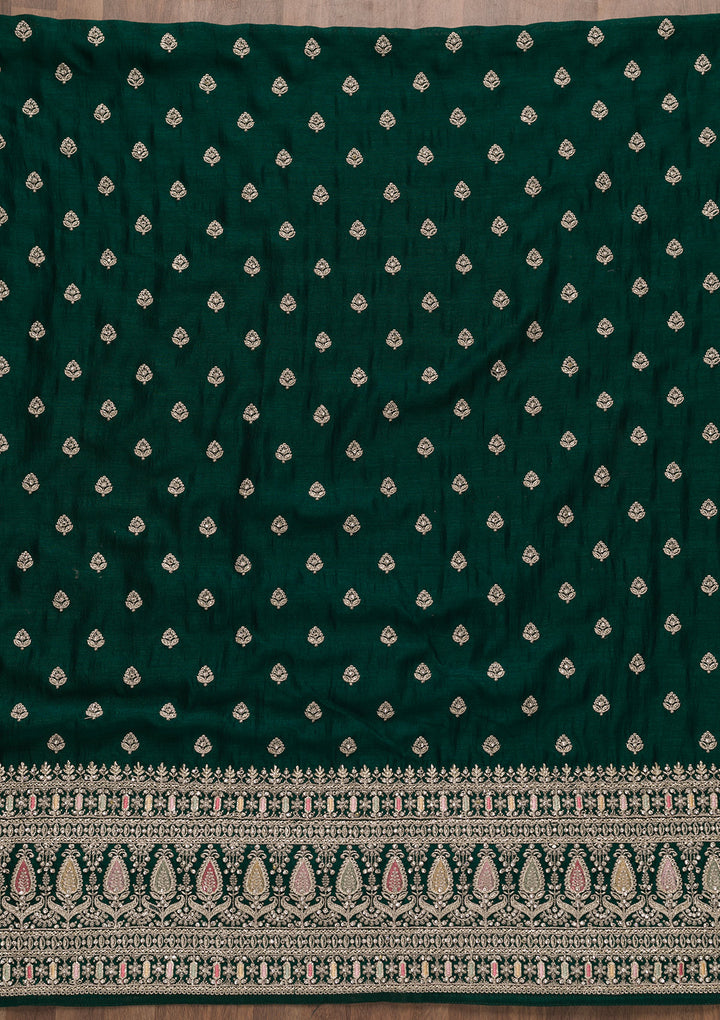 Bottle Green Zariwork Art Silk Unstitched Salwar Suit