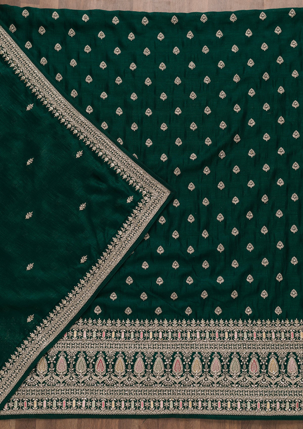Bottle Green Zariwork Art Silk Unstitched Salwar Suit