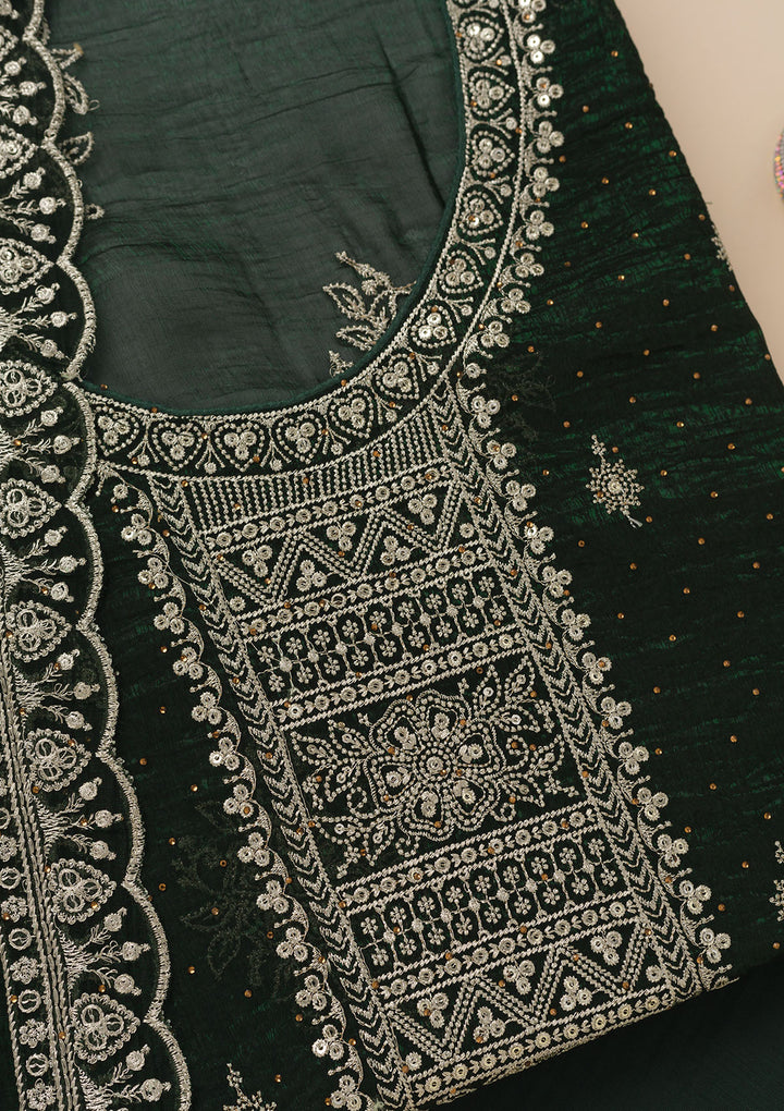 Bottle Green Zariwork Art Silk Unstitched Salwar Suit