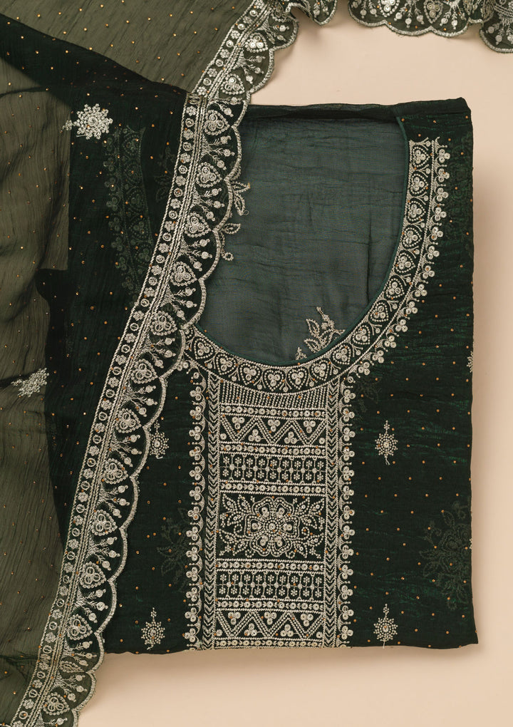 Bottle Green Zariwork Art Silk Unstitched Salwar Suit