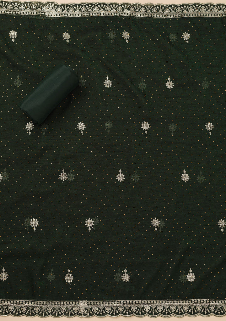 Bottle Green Zariwork Art Silk Unstitched Salwar Suit