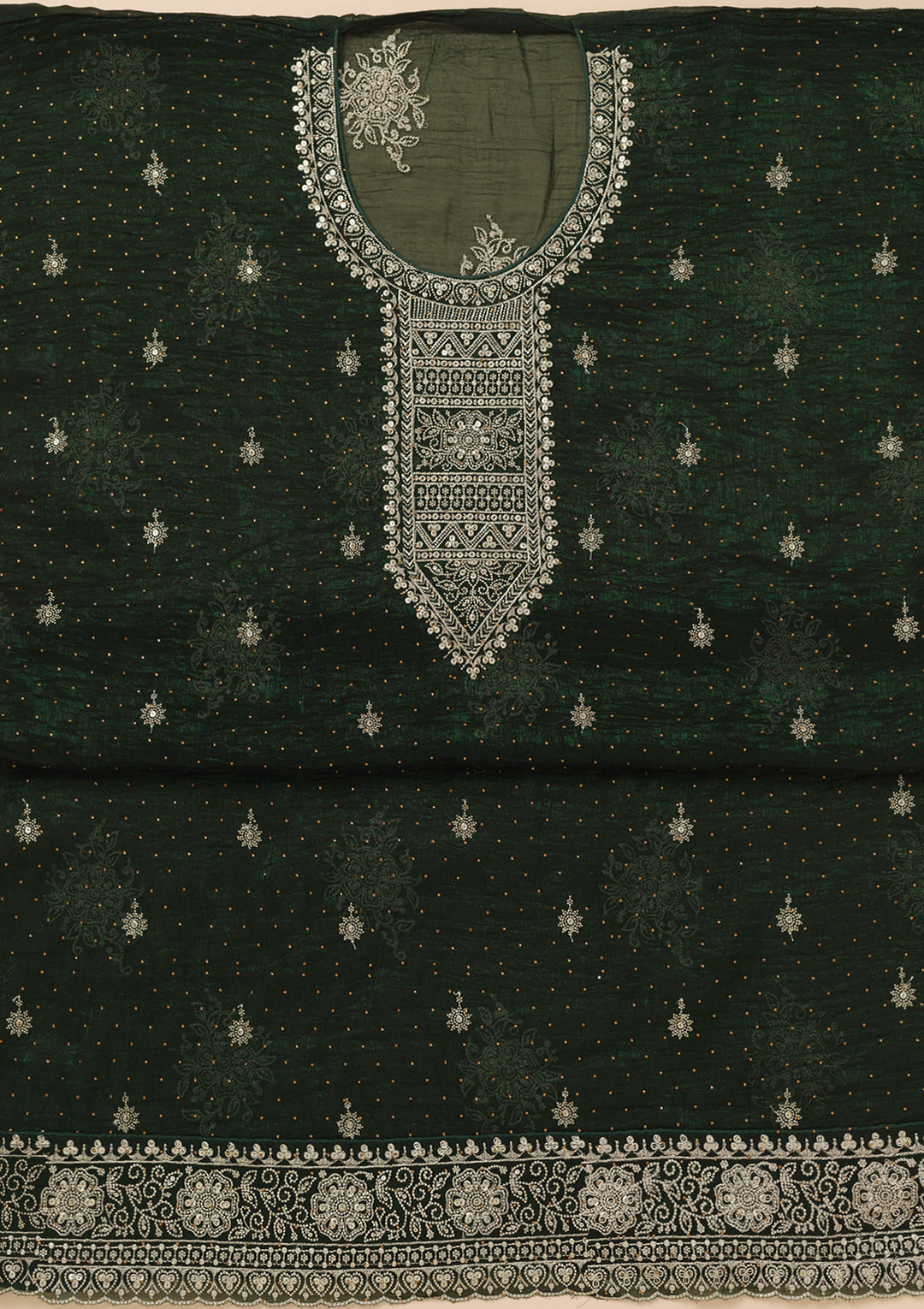 Bottle Green Zariwork Art Silk Unstitched Salwar Suit
