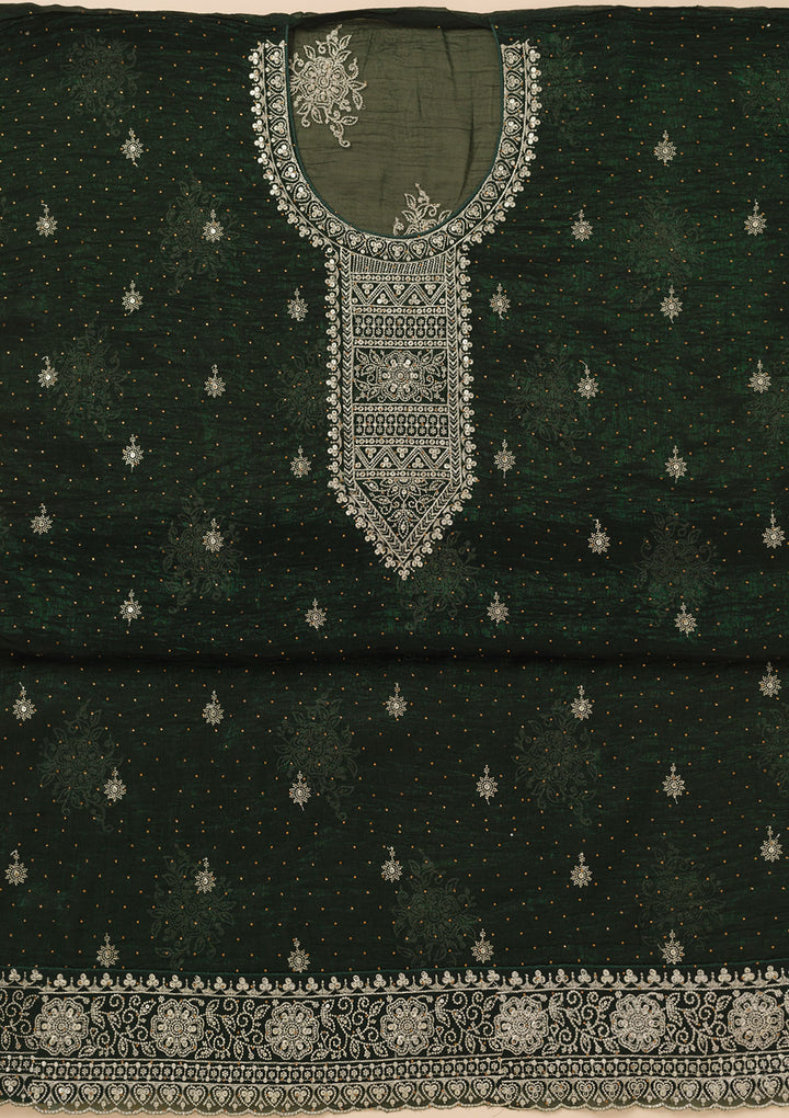 Bottle Green Zariwork Art Silk Unstitched Salwar Suit