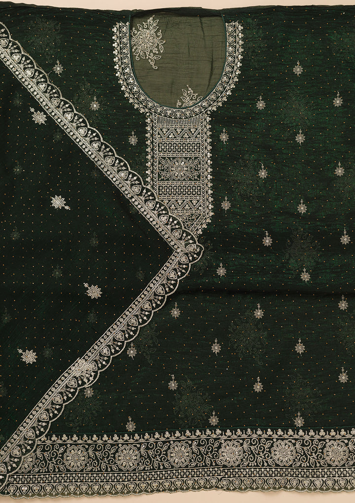 Bottle Green Zariwork Art Silk Unstitched Salwar Suit