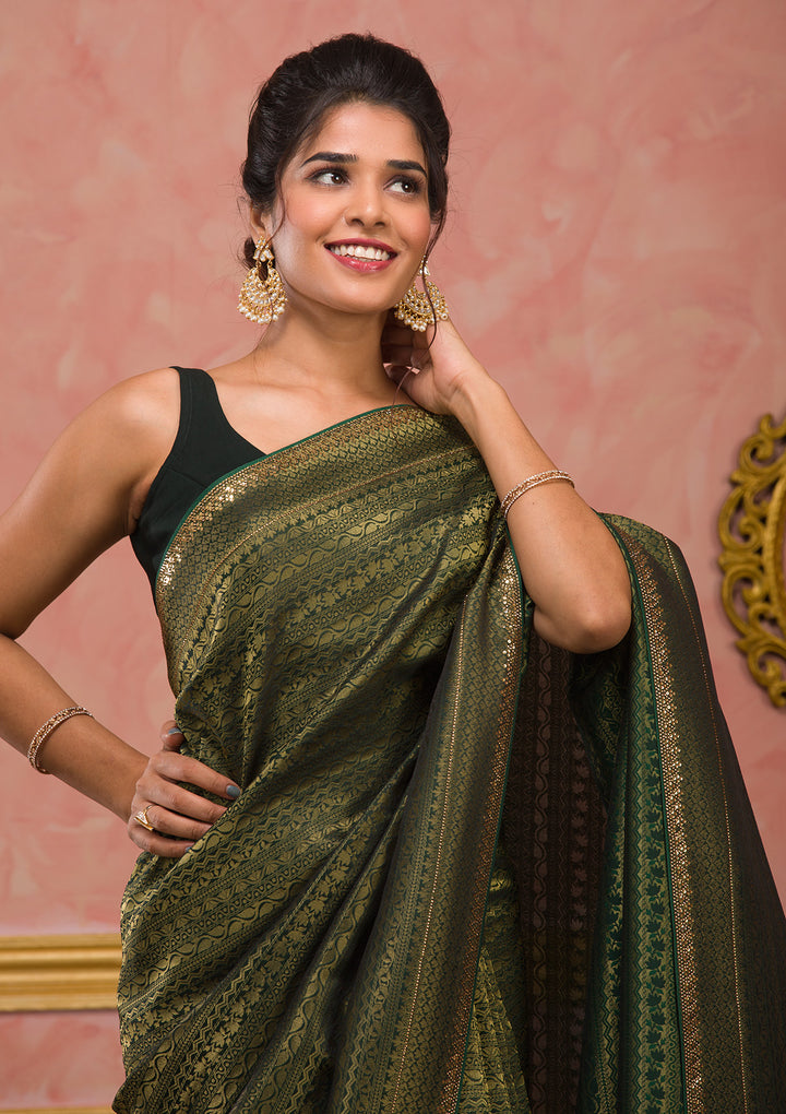 Bottle Green Zariwork Art Silk Saree