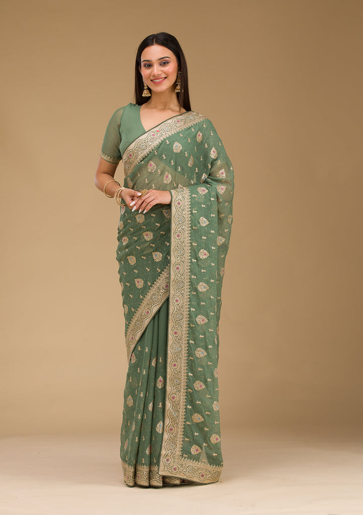 Bottle Green Zariwork Chiffon Saree