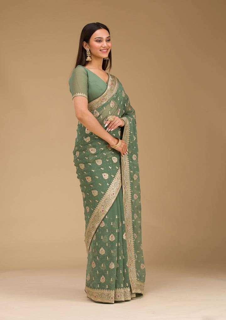 Bottle Green Zariwork Chiffon Saree