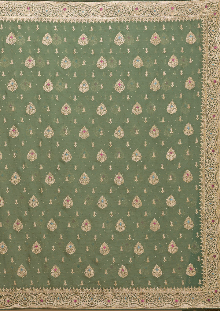 Bottle Green Zariwork Chiffon Saree
