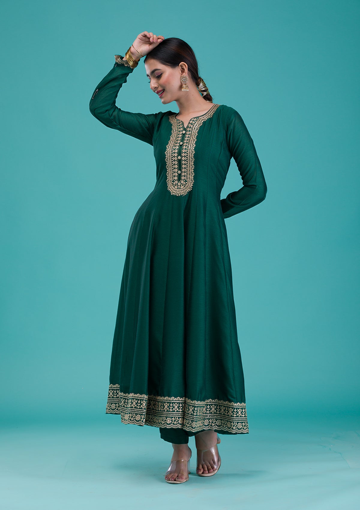Bottle Green Zariwork Crepe Readymade Salwar Suit
