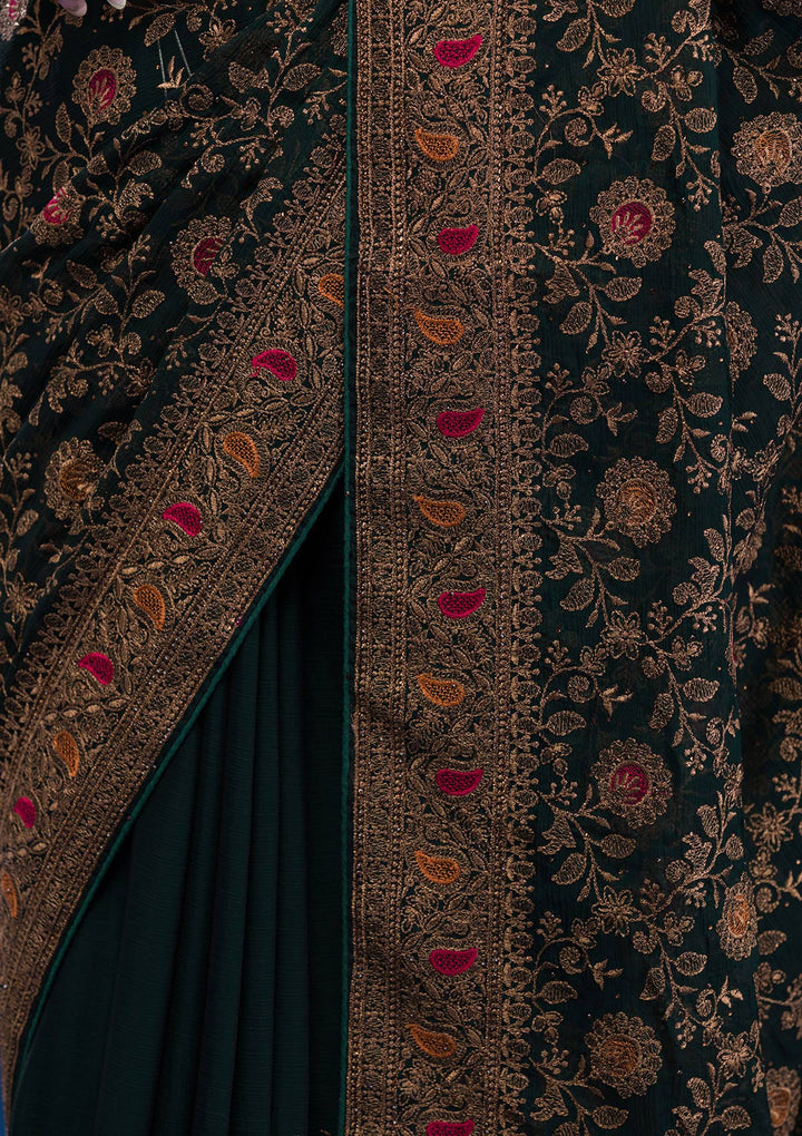 Bottle Green Zariwork Georgette Saree
