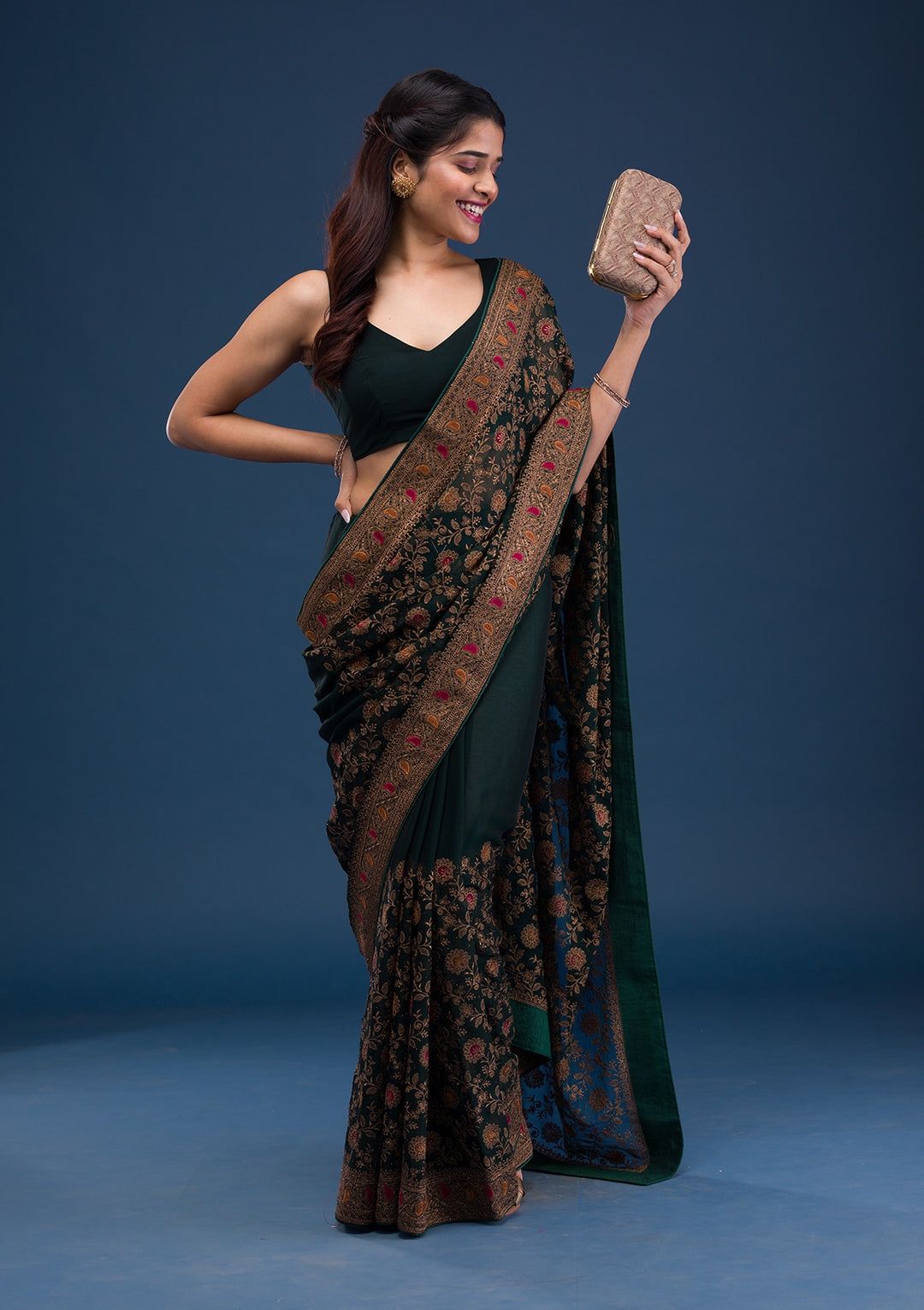 Bottle Green Zariwork Georgette Saree