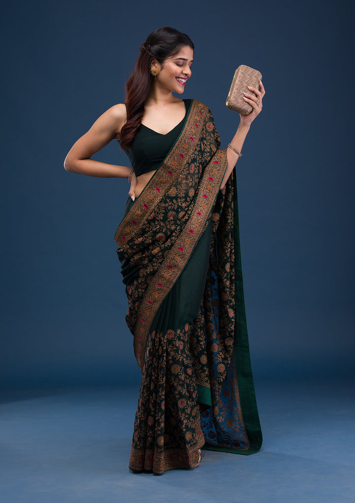 Bottle Green Zariwork Georgette Saree