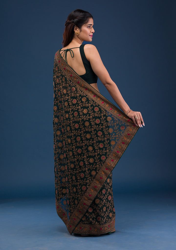 Bottle Green Zariwork Georgette Saree