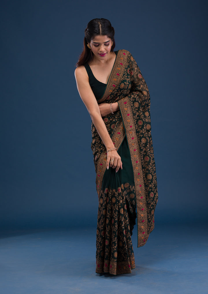 Bottle Green Zariwork Georgette Saree