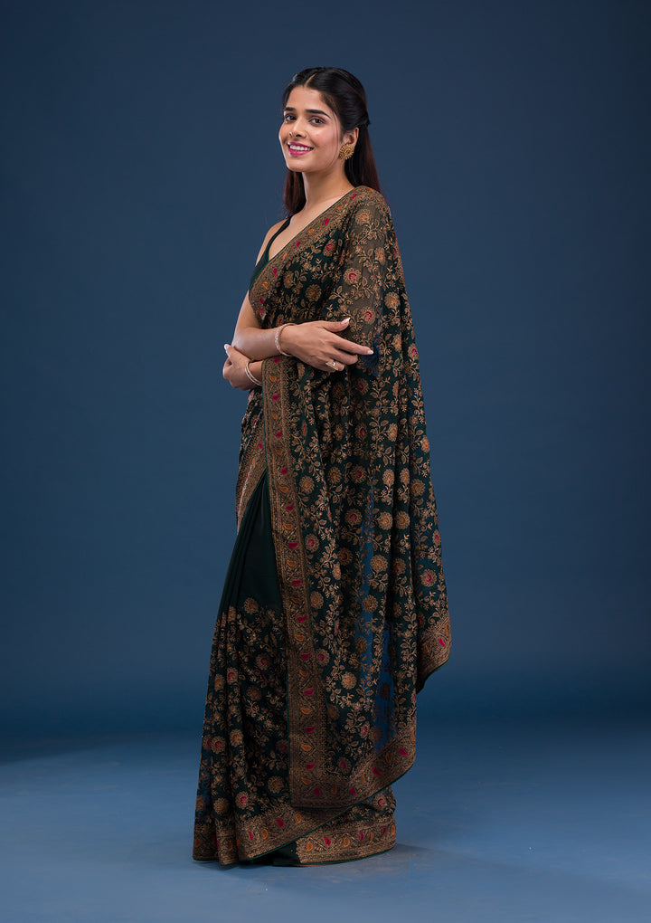 Bottle Green Zariwork Georgette Saree