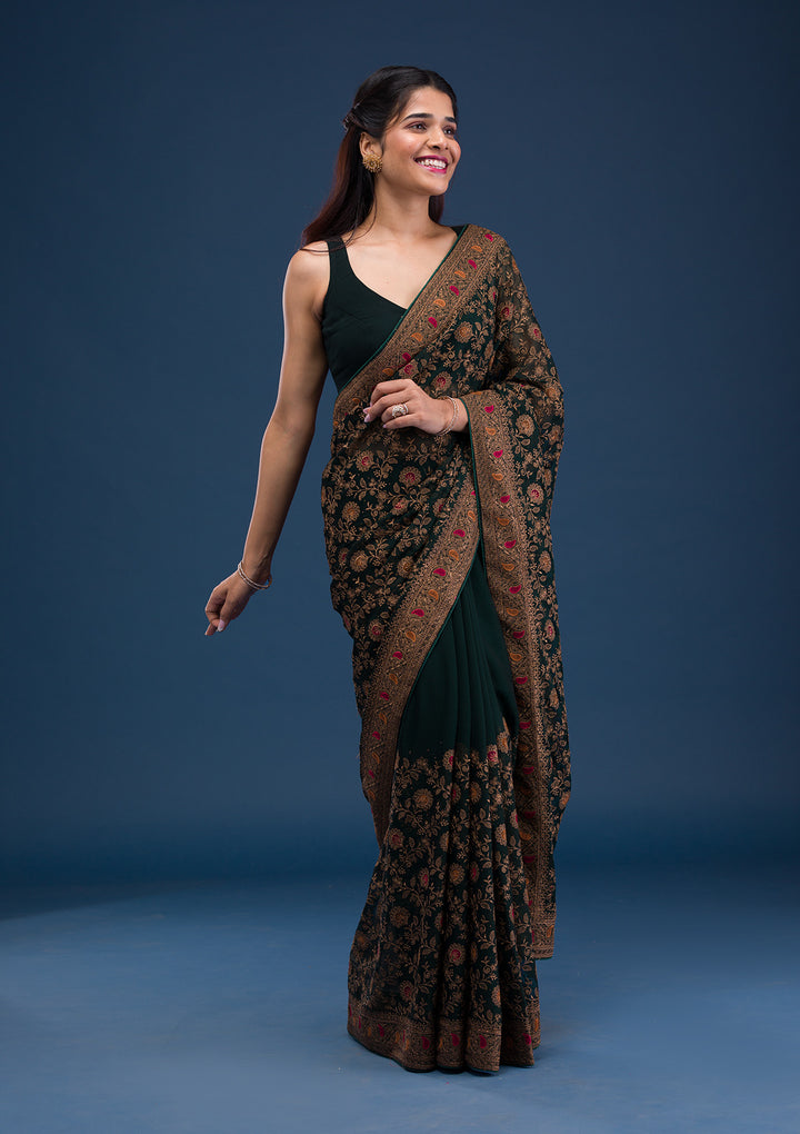 Bottle Green Zariwork Georgette Saree