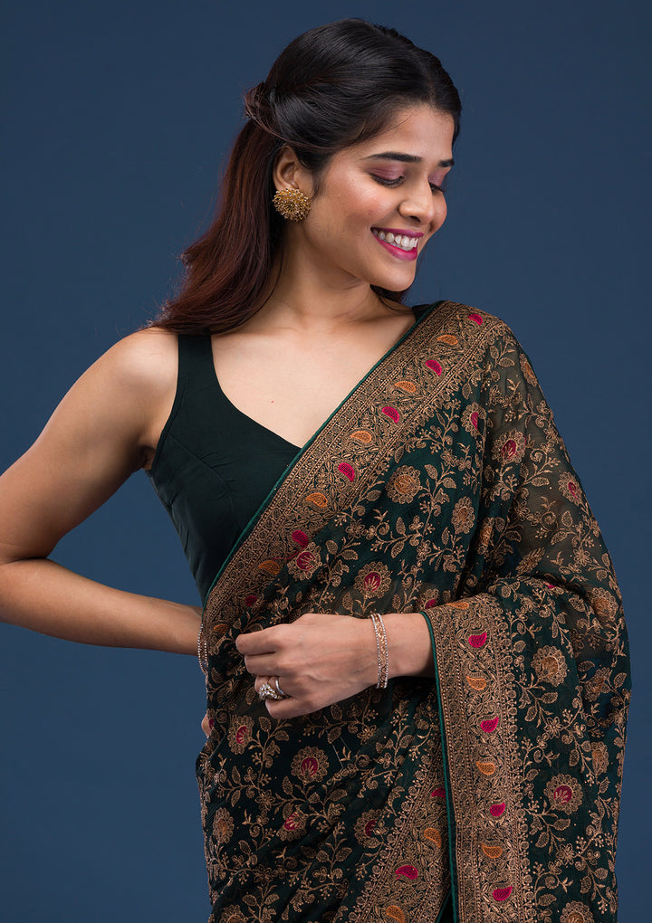 Bottle Green Zariwork Georgette Saree