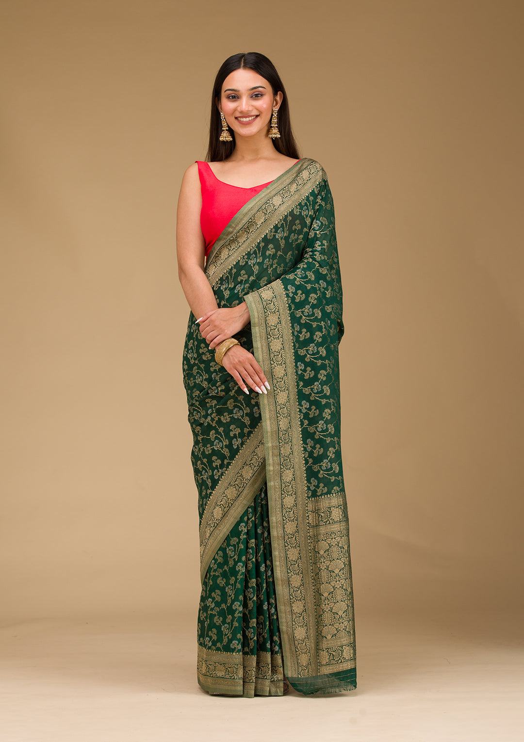 Bottle Green Zariwork Georgette Saree