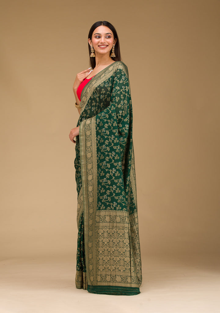 Bottle Green Zariwork Georgette Saree