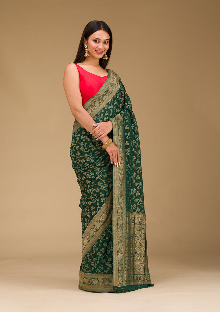 Bottle Green Zariwork Georgette Saree