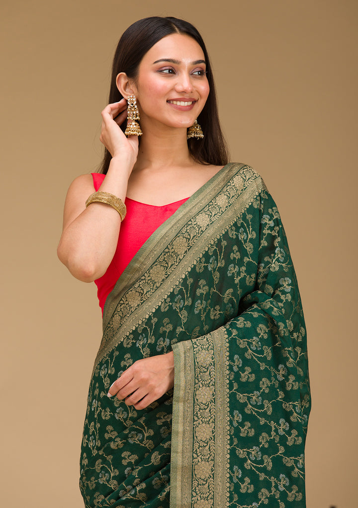 Bottle Green Zariwork Georgette Saree