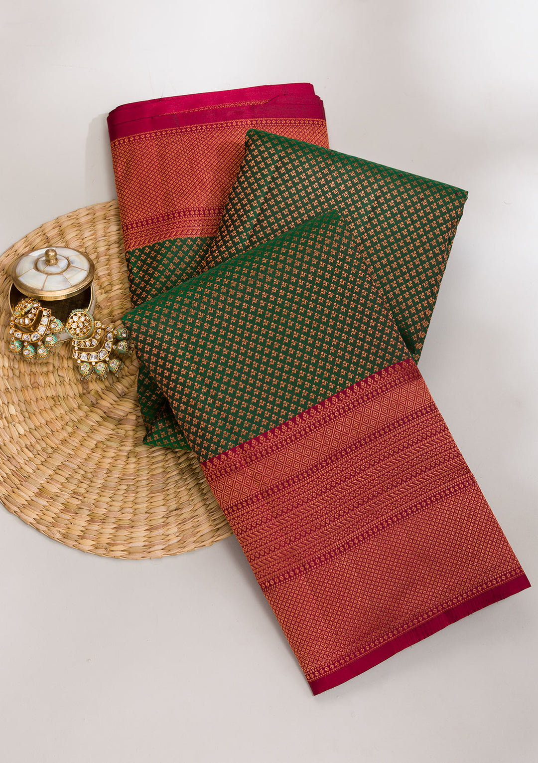 Bottle Green Zariwork Pure Silk Saree-Koskii