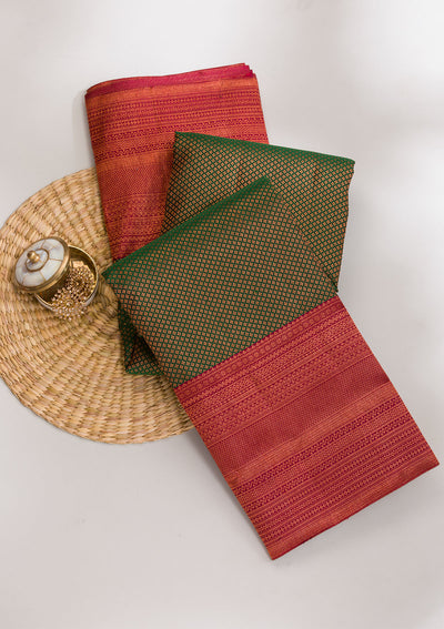 Bottle Green Zariwork Pure Silk Saree-Koskii