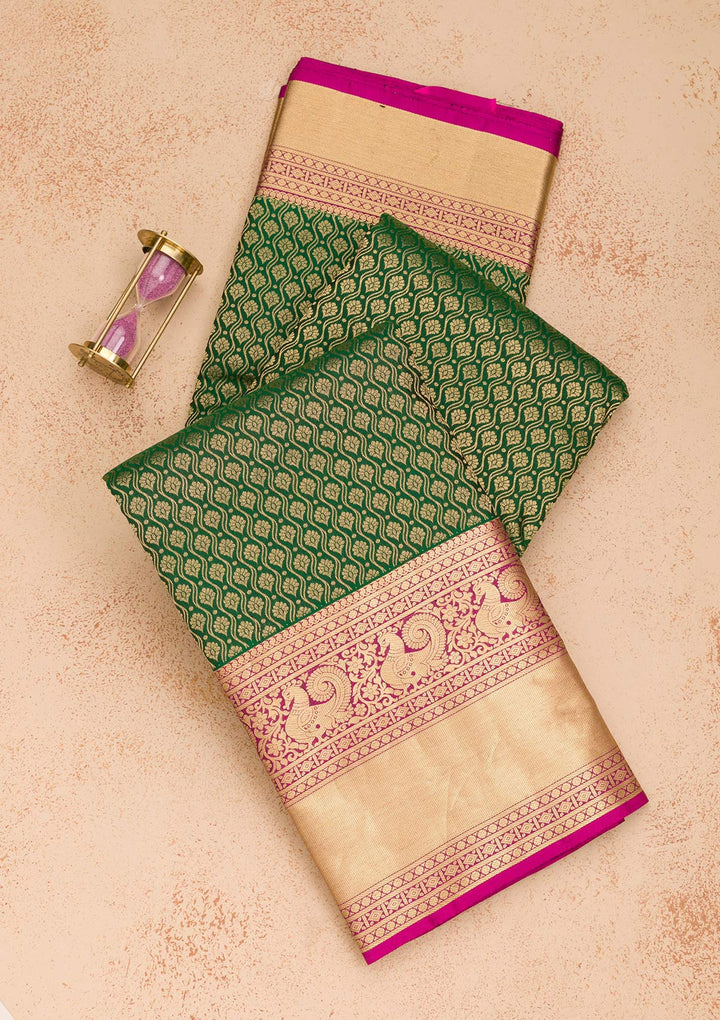 Bottle Green Zariwork Banarasi Pure Silk Saree
