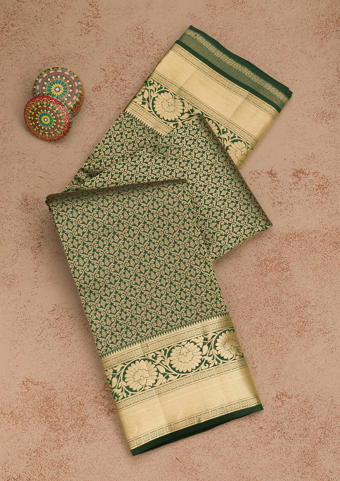 Bottle Green Zariwork Pure Silk Saree-Koskii