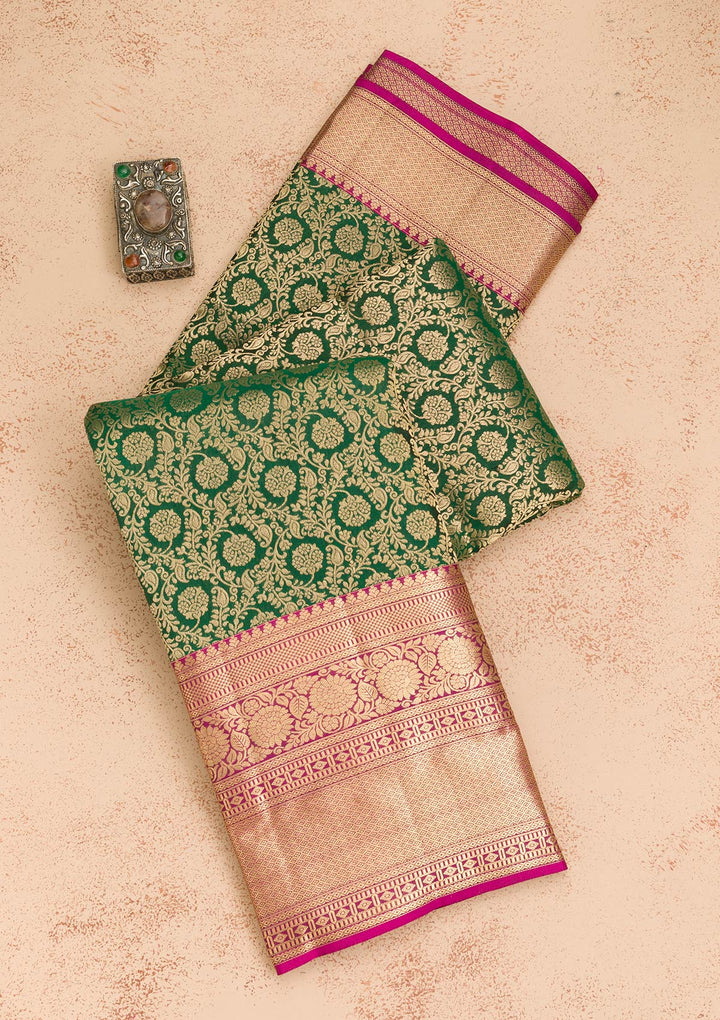 Bottle Green Zariwork Banarasi Pure Silk Saree