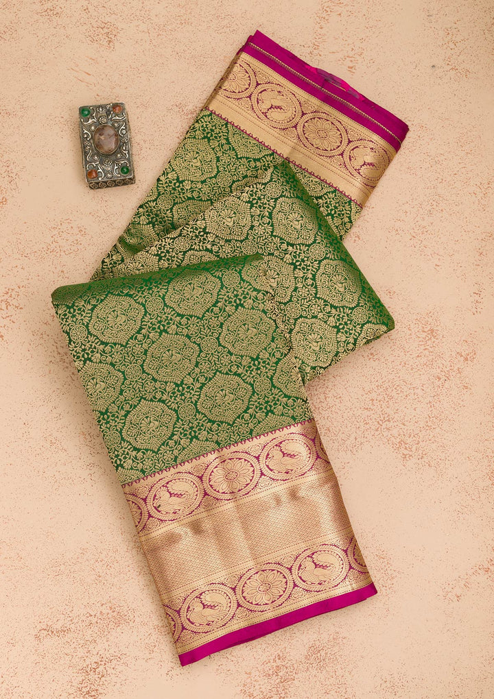 Bottle Green Zariwork Pure Silk Saree
