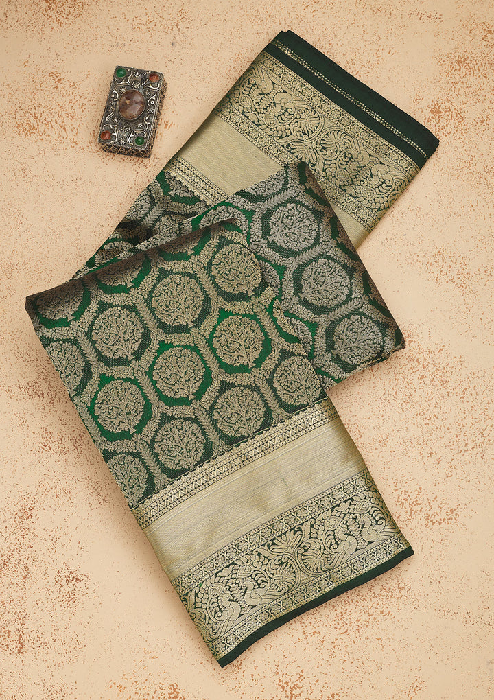 Bottle Green Zariwork Pure Silk Saree