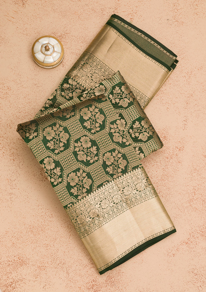Bottle Green Zariwork Pure Silk Saree