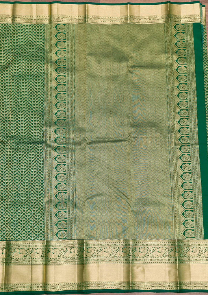 Bottle Green Zariwork Pure Silk Saree-Koskii