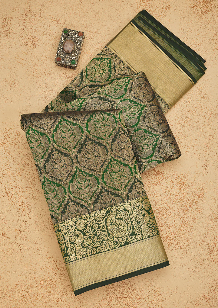 Bottle Green Zariwork Pure Silk Saree