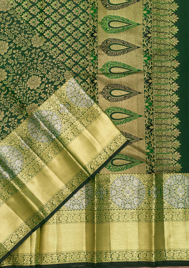 Bottle Green Zariwork Kanjivaram Pure Silk Saree