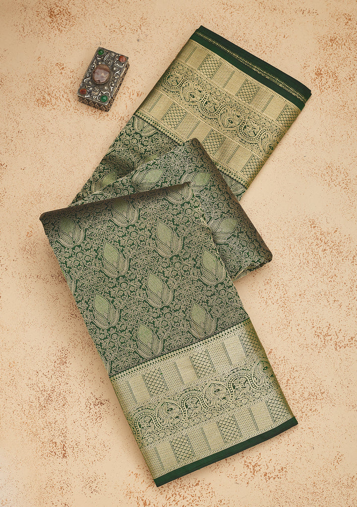 Bottle Green Zariwork Pure Silk Saree