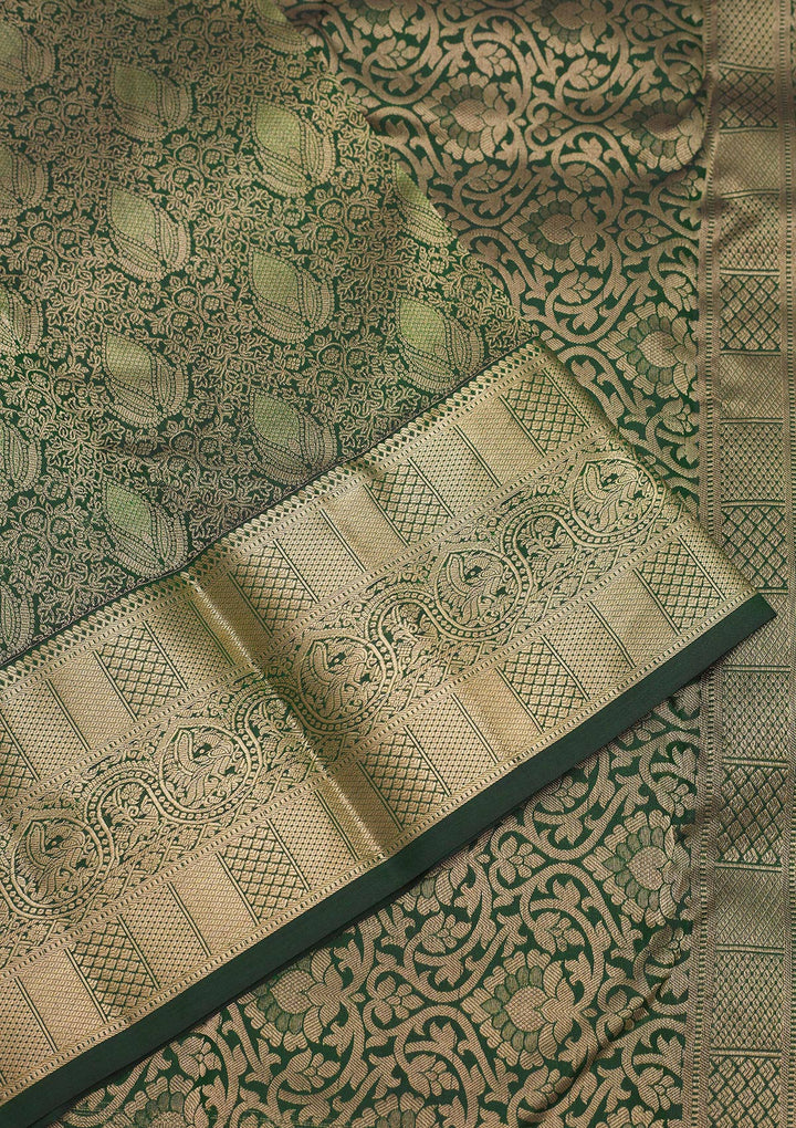 Bottle Green Zariwork Pure Silk Saree
