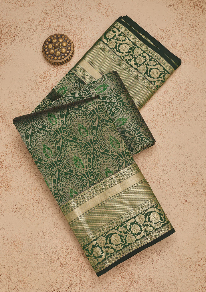 Bottle Green Zariwork Pure Silk Saree