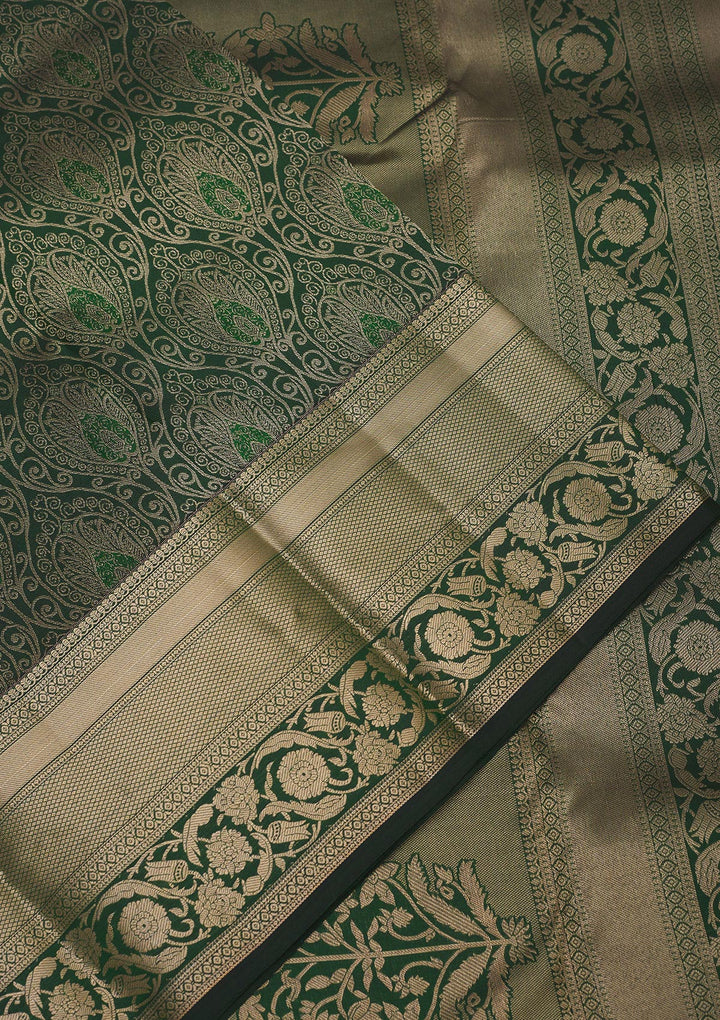 Bottle Green Zariwork Pure Silk Saree