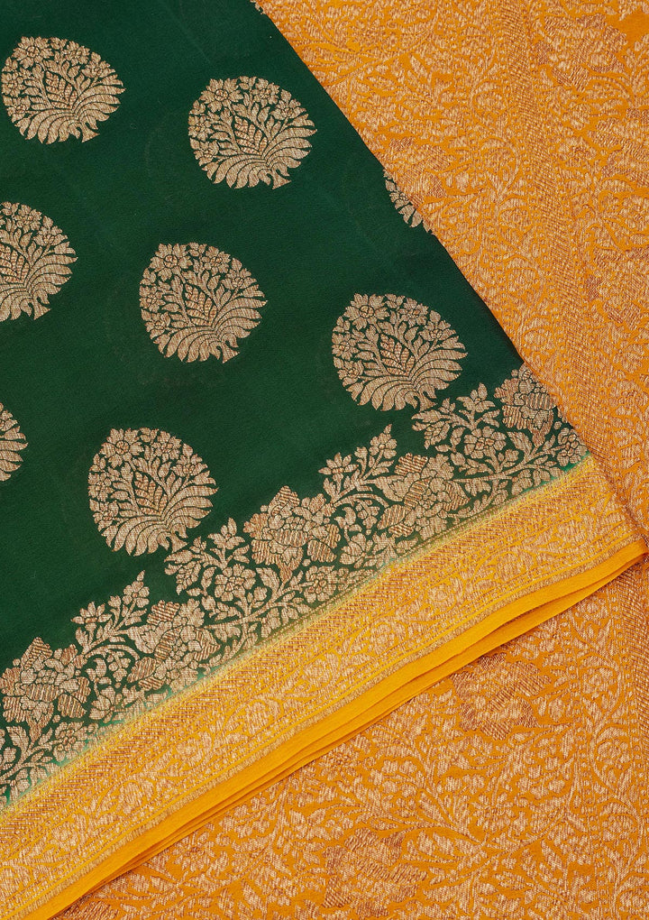 Bottle Green Zariwork Pure Silk Saree