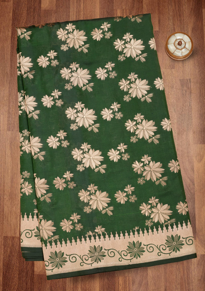Bottle Green Zariwork Pure Silk Saree
