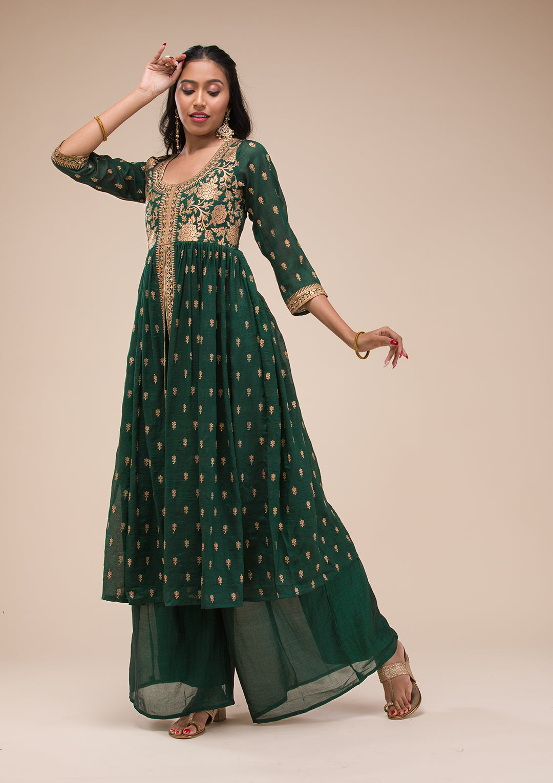 Bottle Green Zariwork Raw Silk Readymade Salwar Suit
