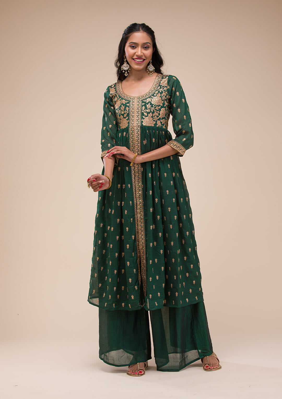 Bottle Green Zariwork Raw Silk Readymade Salwar Suit