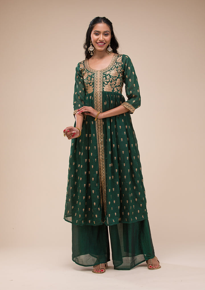 Bottle Green Zariwork Raw Silk Readymade Salwar Suit