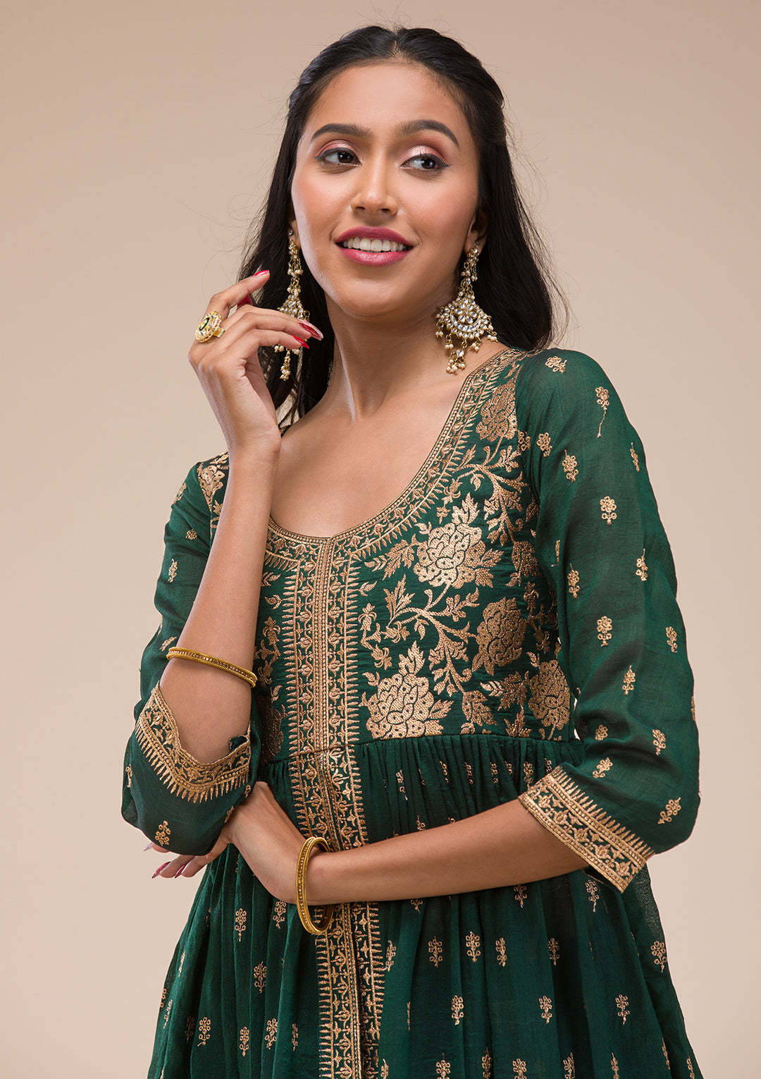 Bottle Green Zariwork Raw Silk Readymade Salwar Suit