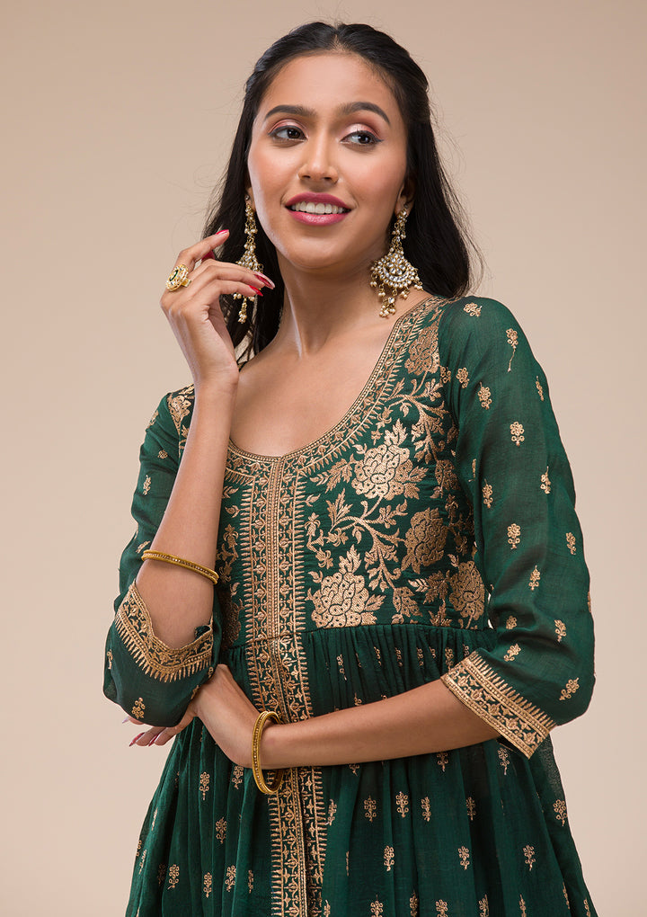 Bottle Green Zariwork Raw Silk Readymade Salwar Suit