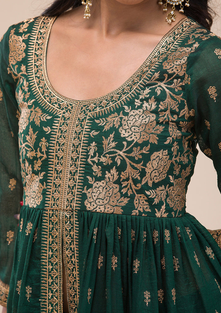 Bottle Green Zariwork Raw Silk Readymade Salwar Suit