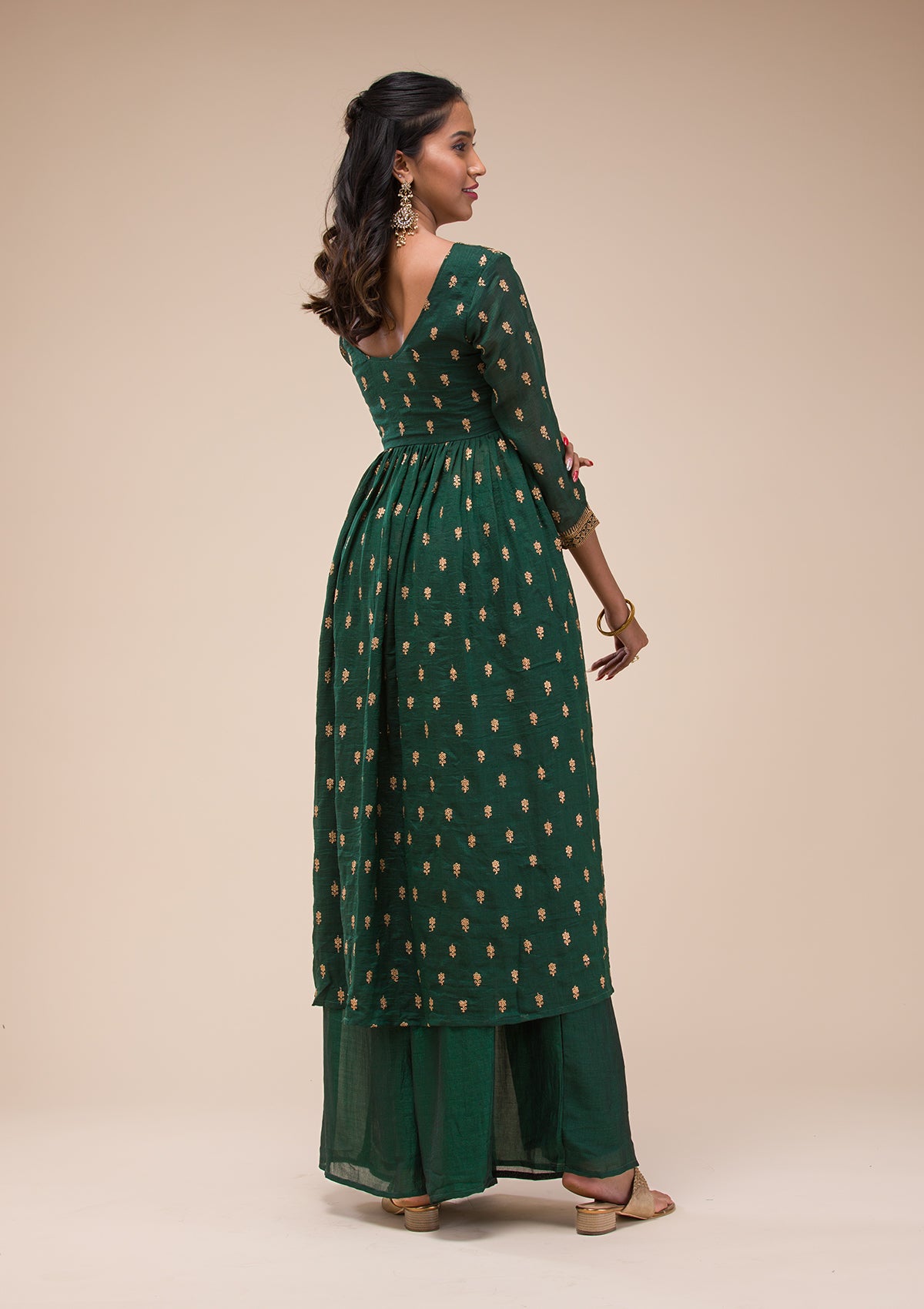 Bottle Green Zariwork Raw Silk Readymade Salwar Suit