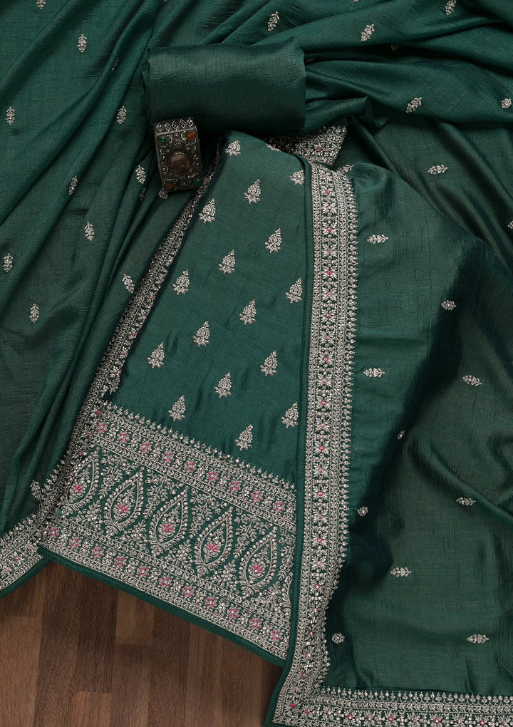 Bottle Green Zariwork Raw Silk Unstitched Salwar Suit